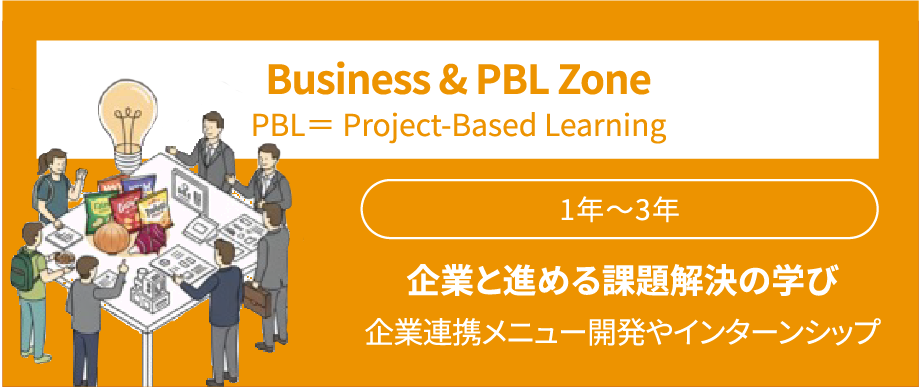 Business & PBL Zone / PBL＝Project-Based Learning / 1年〜3年 / 企業と進める課題解決の学び / 企業連携メニュー開発やインターンシップ